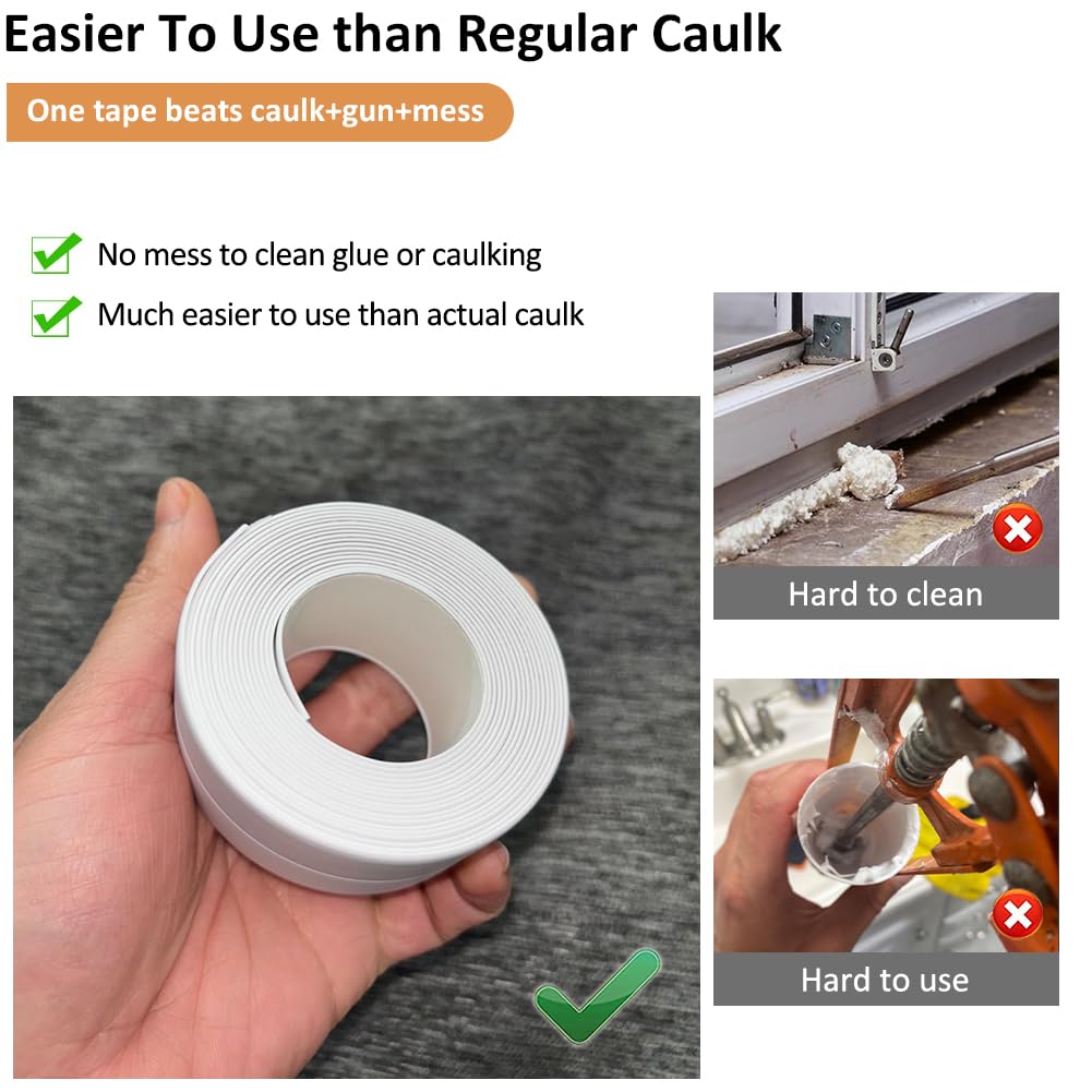 Clear Caulk Tape Waterproof Self Adhesive, Peel & Stick Bathroom Chalk Tape Toilet Bowl Bath Tub Kitchen Strip Floor Wall Tile Window Stove Sink Caulking, Cleaner Than Silicone, Caulk, Grout, Glue