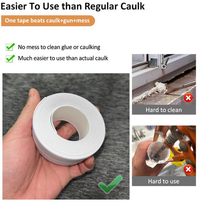 Clear Caulk Tape Waterproof Self Adhesive, Peel & Stick Bathroom Chalk Tape Toilet Bowl Bath Tub Kitchen Strip Floor Wall Tile Window Stove Sink Caulking, Cleaner Than Silicone, Caulk, Grout, Glue