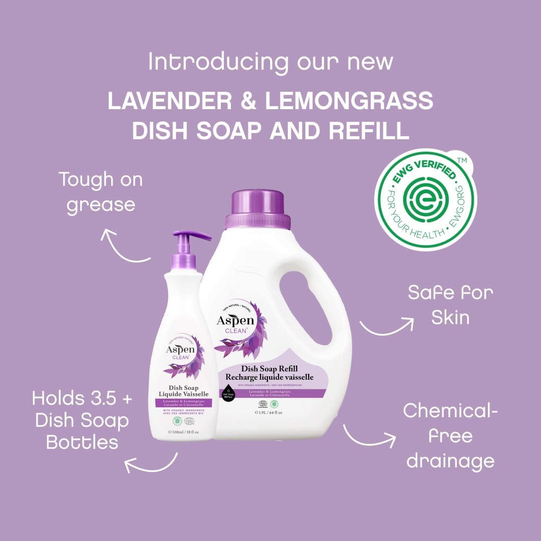 AspenClean | Dish Soap & Refill | Eucalyptus and Rosemary | Liquid Dishwashing Detergent Soap | Non - Toxic | 100% Natural | EWG Verified | 64 fl oz - Refills Over 3.5 Standard Soap Bottles