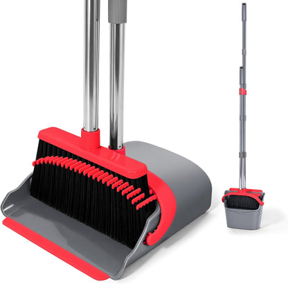 YZO Broom and Dustpan Set, 54.33 Inch Long Handle Standing Design, Dustpan Front Rubber Tight Seal, Broom with 5 Layer Bristles, Suitable for Living Room, Bedroom, Yard, Office and Apartment(Green)