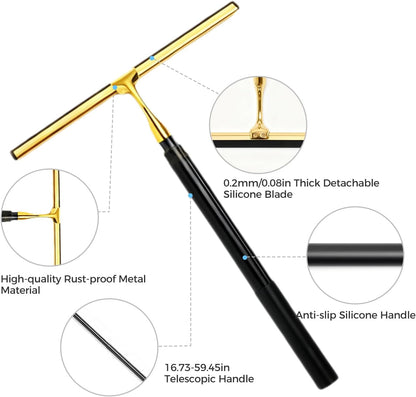 16.7“- 59.5" Long Handle Window Squeegee with Extension Pole, 12.4" Wide Metal Shower Squeegee for Glass Doors, 2-in-1 Squeegee for Home Window Cleaning, Tile Wall, Car (Silver)