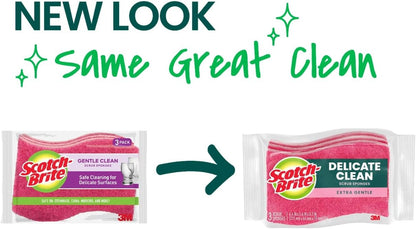 Scotch-Brite Delicate Clean Non-Scratch Scrub Sponge, 3 Nonscratch Kitchen Sponges for Gentle Cleaning of Porcelain, Fine china, Stemware, Nonstick Pots and Pans, Mirrors, Faucets, and More