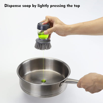 DAPOWER Dish Brush with Soap Dispenser, Kitchen Scrub Brush for Dishes Pots Pans Sink Cleaning, Dish Scrubber with Holder Set (Grey 2-Pack Combo Set)