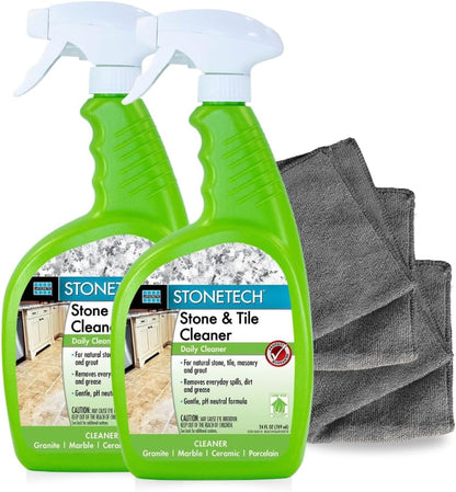 StoneTech Stone & Tile Cleaner Spray – Daily Cleaner for Granite, Marble, Ceramic, Porcelain & Stone – Removes Spills, Dirt & Grease – pH Neutral - 2-Pack, 24oz each + 2 Microfiber Cloths