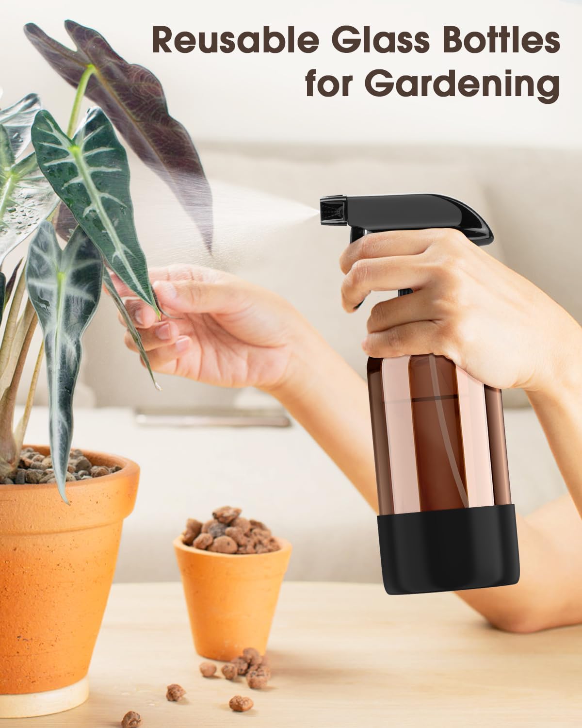Bontip Glass Spray Bottle with Silicone Sleeve Protection, Amber Glass Spray Bottle Set for Window Cleaner Aromatherapy Facial Hydration Watering Flowers Hair Care 2 Pack/16 oz (Black & Brown)