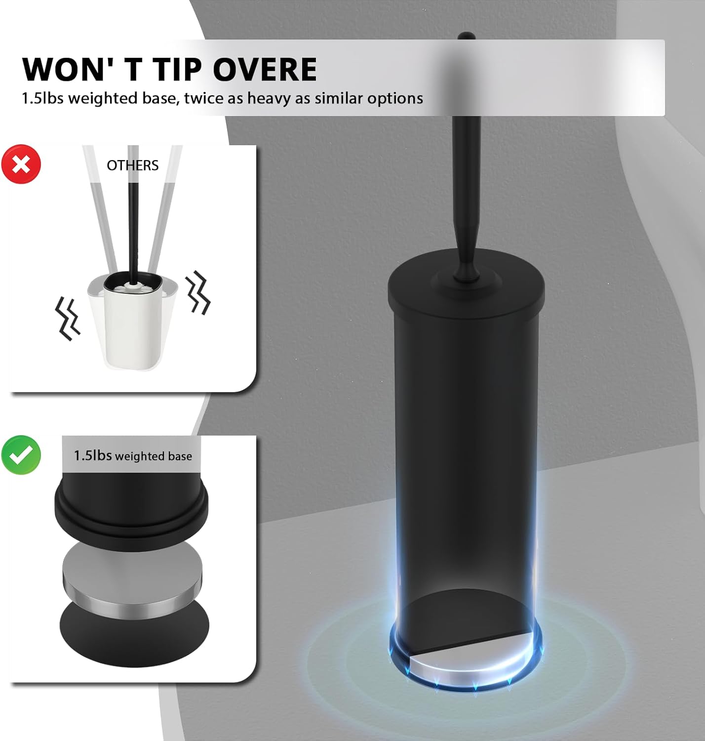 Premium 304 Stainless Steel Toilet Brush and Holder: Weighted Stable Base, Removable Inner Tube, Splash-Proof Design for 360° Thorough Cleaning & Space-Saving Storage,Nickel