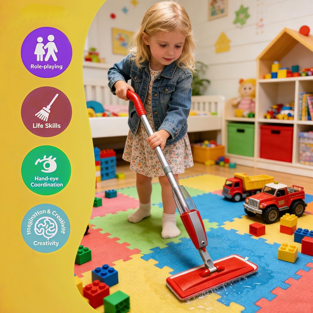 Kids Spray Mop Fun&Functional Toddler Cleaning Set Kids Mop with Real Water Sprayer Bottle Washable Pads Pretend Play Montessori Housekeeping Gifts for Toddlers Kids Girls Boys(Green)