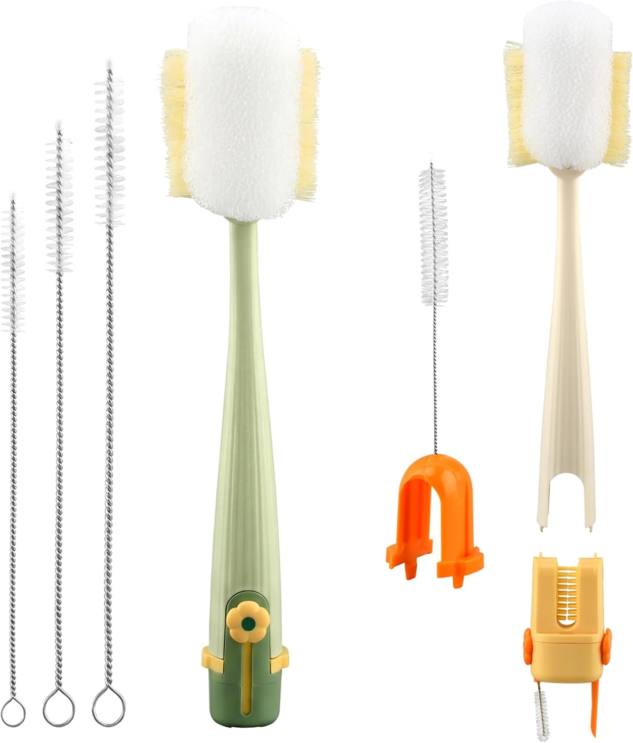 5 in 1 Bottle Cleaning Brush Set, Multifunctional Kitchen Lid Brush Cleaning Tool and Straw Cleaner, Long Handle Bottles Scrubber for Cup Lids, Hard Bristle Sponge Head Bottle Brushes