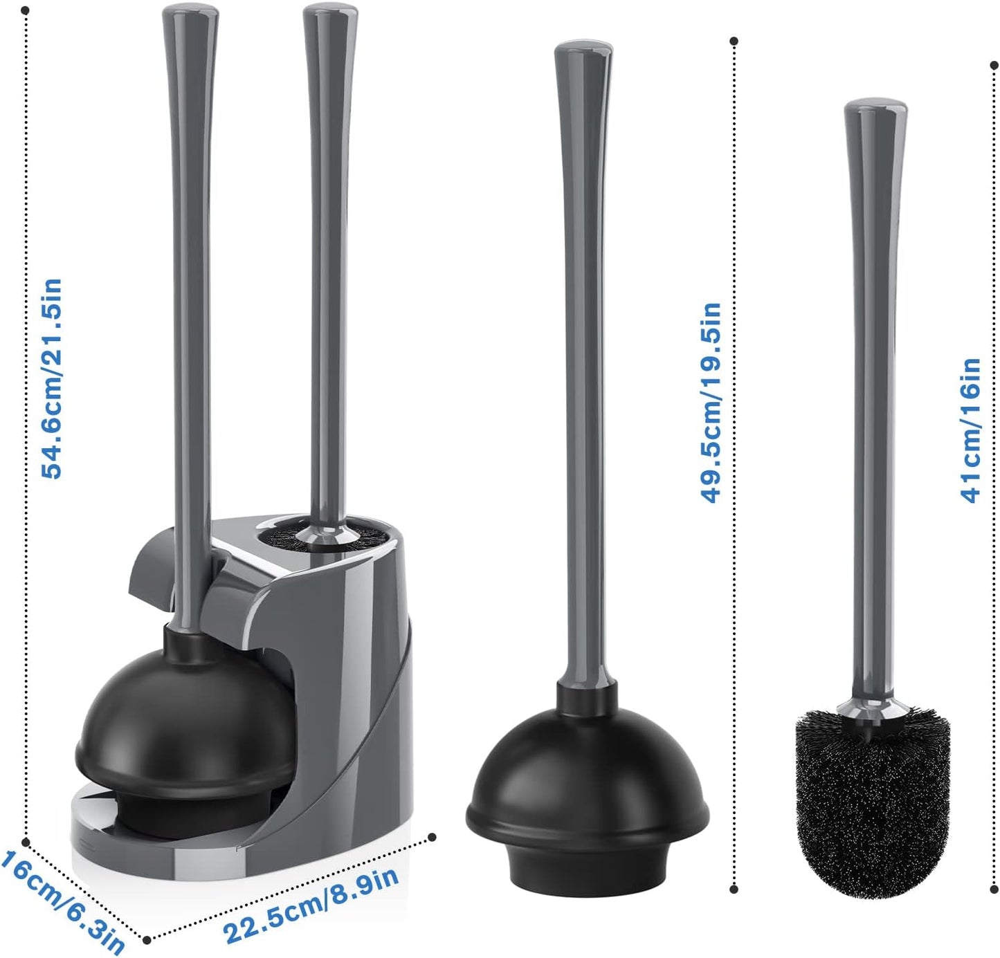 Toilet Plunger and Brush, Bowl Brush and Heavy Duty Toilet Plunger Set with Ventilated Holder, 2-in-1 Bathroom Cleaning Combo with Modern Caddy Stand for 5.7-inch Toilet Drain(Black, 2 Set)