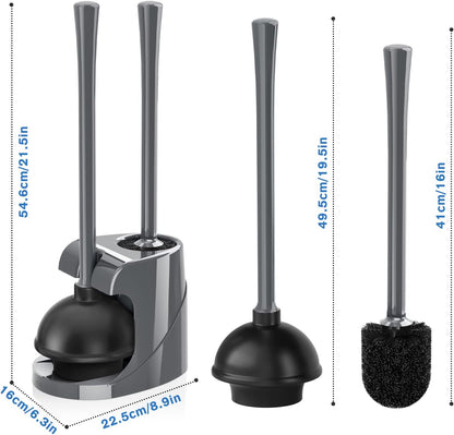 Toilet Plunger and Brush, Bowl Brush and Heavy Duty Toilet Plunger Set with Ventilated Holder, 2-in-1 Bathroom Cleaning Combo with Modern Caddy Stand for 5.7-inch Toilet Drain(Black, 2 Set)