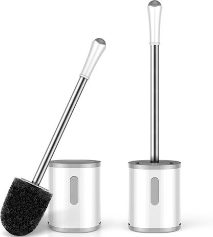AONEZ Compact Toilet Brush & Holder, Stainless Steel Handle, Space Saving for Storage, Deep Cleaning, Drip-Proof, Easy to Assemble, Nylon Bristles, White & Grey
