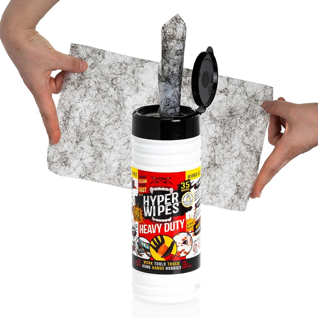 Hyper Wipes, 1 Pack Heavy Duty Hand & Tool Cleaning Wipes, 7"x12" Size Multi-Surface Cleaning Wipes, Degreasing, All Purpose Cleaner, Bathroom, Mechanic, Work Surface Wipes, 35 Count Canister
