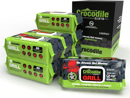 Crocodile Cloth Grill Wipes, 640 Count (8 Packs) – Extra-Large 15” x 10” Plant-Based Cleaning Cloths, Safe on Skin & Surfaces, Pre-Moistened with Aloe & Vitamin E