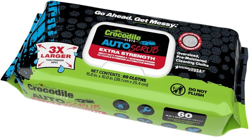 Crocodile Cloth AutoSCRUB Cleaning Wipes – 60-Count (15” x 10”) Cleaning Cloths Remove Oil, Grease, Paint, Tar, Brake Dust, Hydraulic Fluid, Silicone, Sealants & Road Grime from Tools & Hands