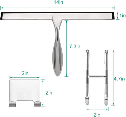 Shower Squeegee for Glass Doors,12-Inch Shower Glass Squeegee, Sliver Shower Squeegee for Shower Doors,Mirror,Windows, with Shower Door Hook and Adhesive Hook