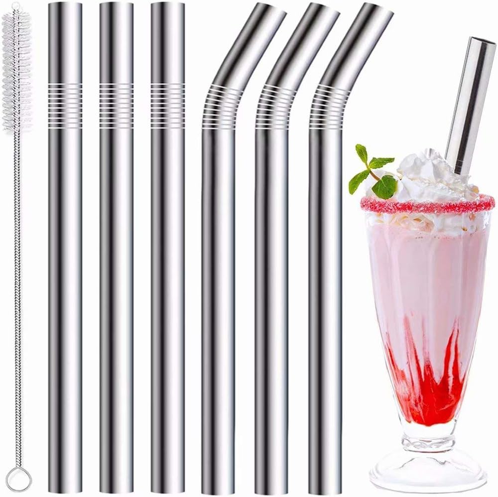 Vinaco Stainless Steel Smoothie Straws, 0.4'' Extra Wide Reusable Metal Drinking Straws for Milkshake, Smoothie, Beverage, Set of 4 with 1 Cleaning Brush