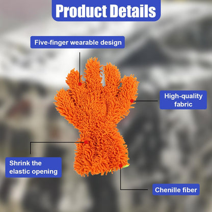 2PCS Car Wash Mitts, Double Sided Chenille Microfiber Dusting Gloves with 5-Finger Design, Anti-Scratch Auto Interior Exterior Detailing Mitt for Cleaning Wheel Tight Spot (Purple)