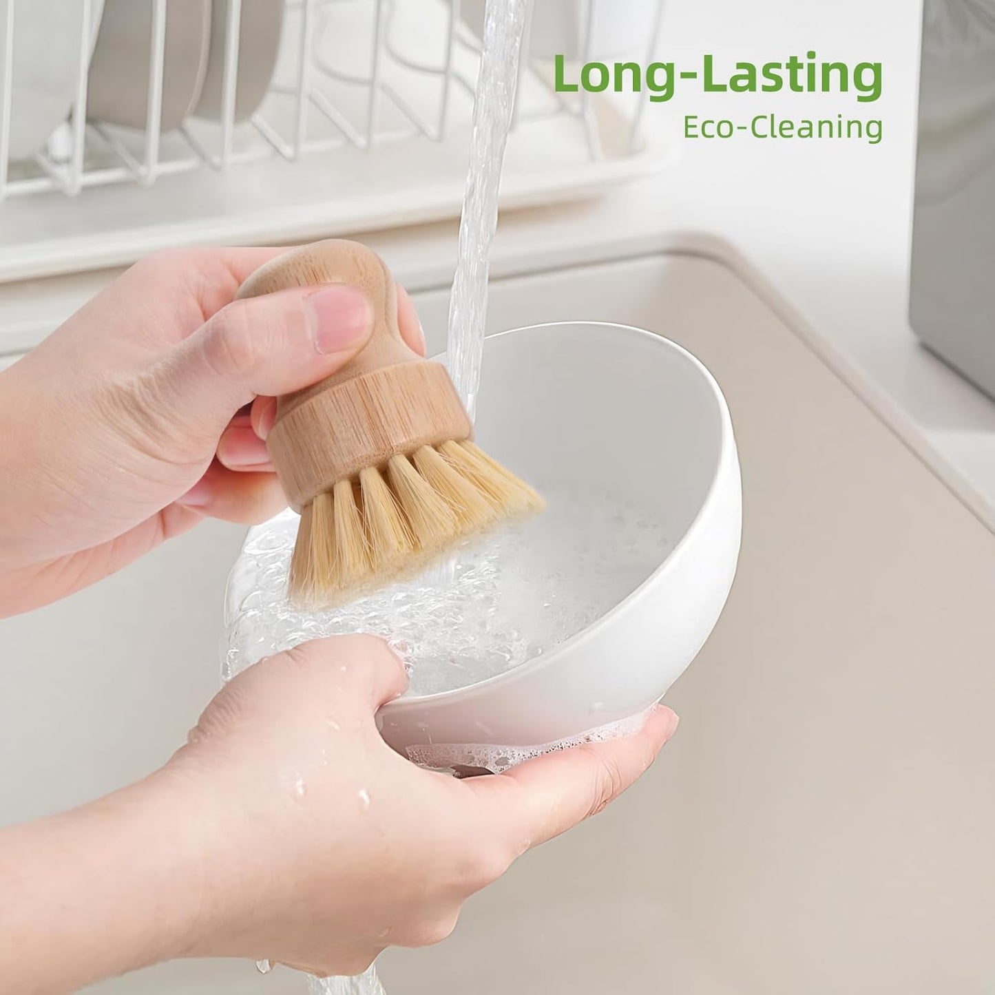 Bamboo Dish Brush with Handle - Soft Bristle, Non Toxic Dish Scrubber Compostable & Sustainable Bamboo Scrub Brush for Dishes, Pots and Pans