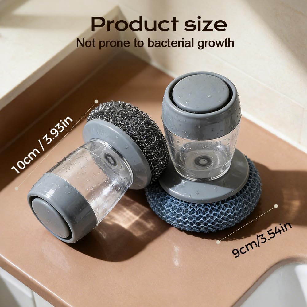 Comfort Grip Soap Dispensing Kitchen Scrub, 2026 New Dish Brush Soap Dispenser, Built-in Liquid Dispenser, with Replaceable Nylon/Wire Bristles (1 Steel Wire Brush + 2 Accessories)