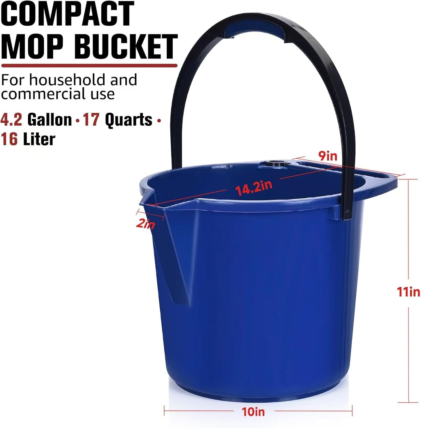 Matthew Cleaning 4.2 Gallon Mop Bucket, Heavy Duty Plastic Cleaning Bucket with Built-in Pour Spout, Mop Holder and Comfort Grip Handle, House and Commercial Cleaning Supplies, 1 Pack Black