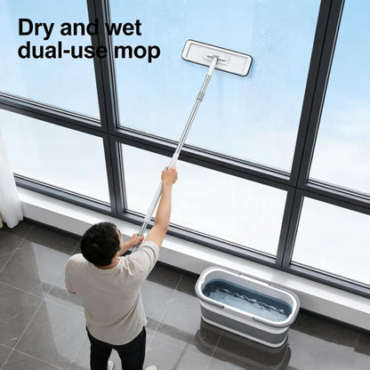 Bucket with Wringer Set, 6 Piece Microfiber Flat Mop Cleaning System with Long Handle, Hands Free Floor Cleaner for Hardwood, Tile & Wall (1 Mop + 6 Microfiber Pads + 1 Bucket)