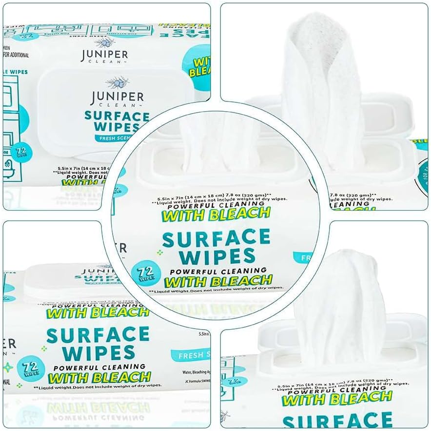 Juniper CLEAN 3 Pack Surface Cleaning Wipes with Bleach, All-Purpose Cleaner for Bathroom, Kitchen, Office, 216 Count Soft Flow, Fresh Scent, Lint Free & Durable