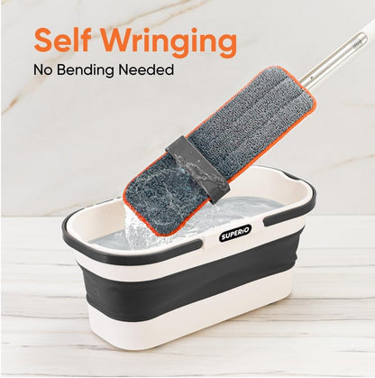 Superio Fold N' Go 10L Collapsible Mop Bucket with Wheels & Self-Wringing Microfiber Flat Mop - Portable, Hands-Free Cleaning Set for Home, Car, Kitchen, Bathroom, Hardwood & Tile Floors