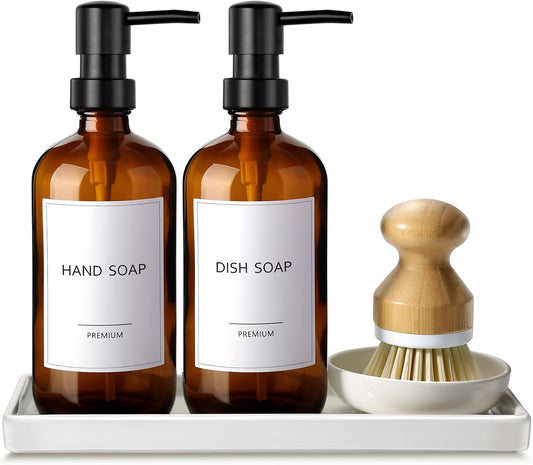 GMISUN Kitchen Soap Dispenser Set, 16 Oz Hand and Dish Soap Dispenser with Ceramic Tray & Bamboo Dish Brush, 2 Pack White Glass Liquid Pump Bottle, Modern Farmhouse Refillable Dish Soap Bottle