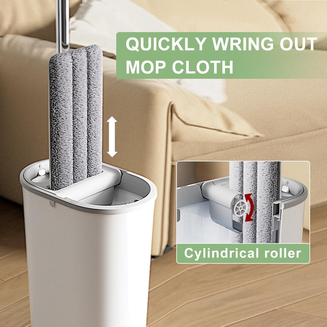 CQT Self-Wringing Mop and Bucket Set for Home Long Handle Flat Mop with 4 Washable Microfiber Pads