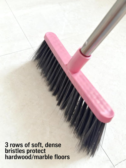 Broom and Dustpan Set with Long Handle - Upright Dustpan & 3 Rows Dense Bristles, Ideal for Home, Office, Kitchen, Lobby, Shop, All-Purpose Indoor & Outdoor Sweeping,Gray&Yellow