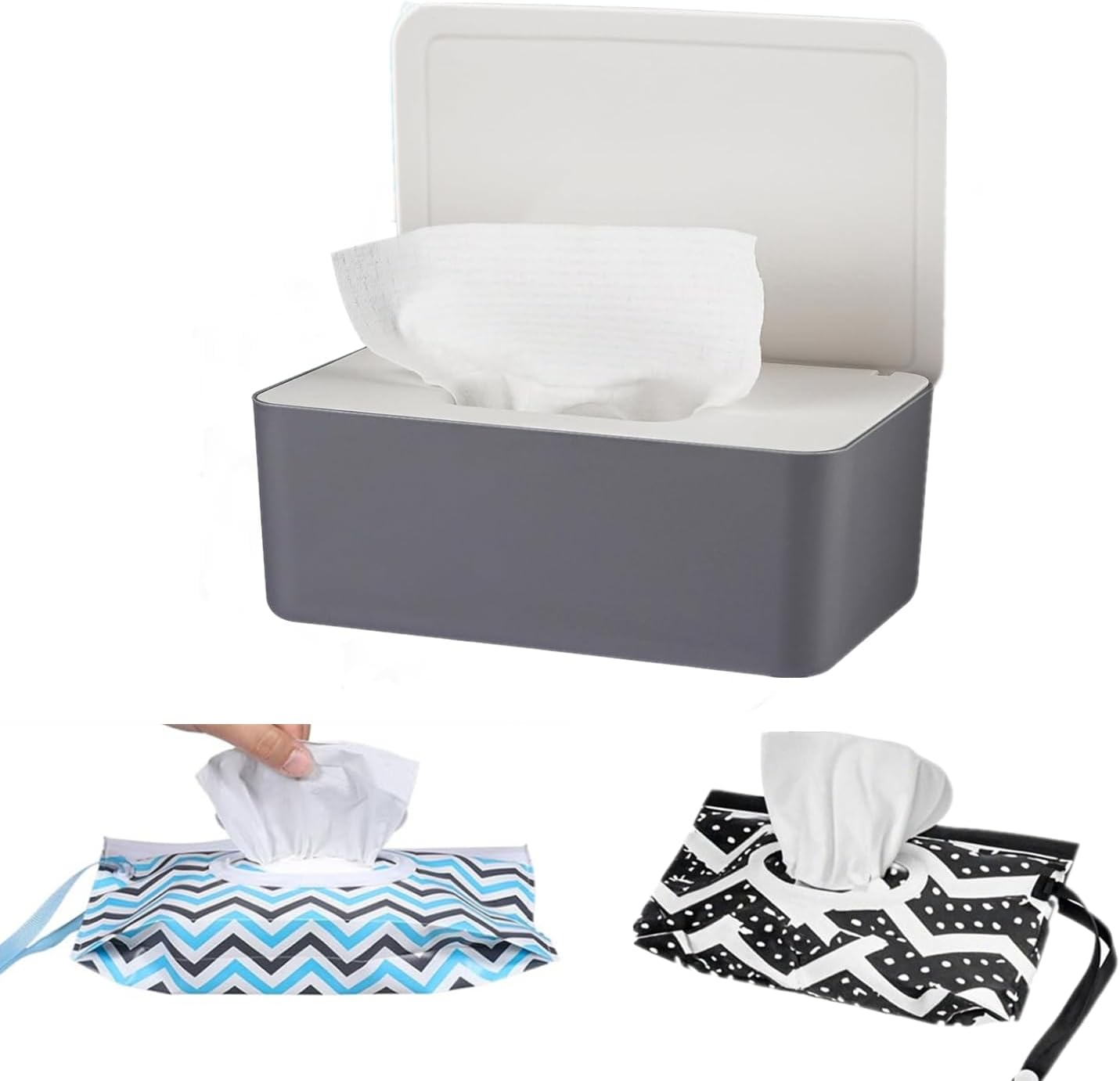 Wipe Dispenser White,Reusable Flushable Wipe Holder Set with 2Pcs Refillable Portable Wipe Bag for Baby Adult Bathroom,Wipe Container with Lids Keeps Wipes Fresh,Baby Shower New Mom Gifts