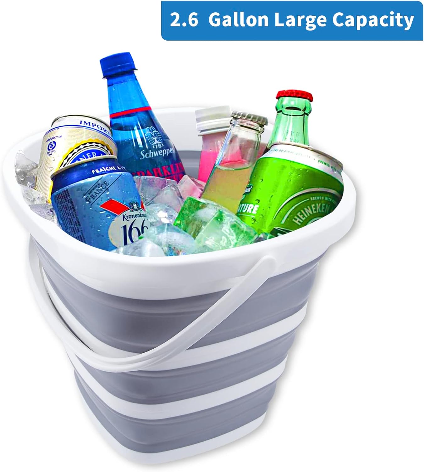 Collapsible Bucket 10L 2.6 Gallon Cleaning Bucket Mop Bucket Folding Foldable Portable Small Plastic Water Supplies for Outdoor Garden Camping Fishing Car Wash Space Saving Grey Square