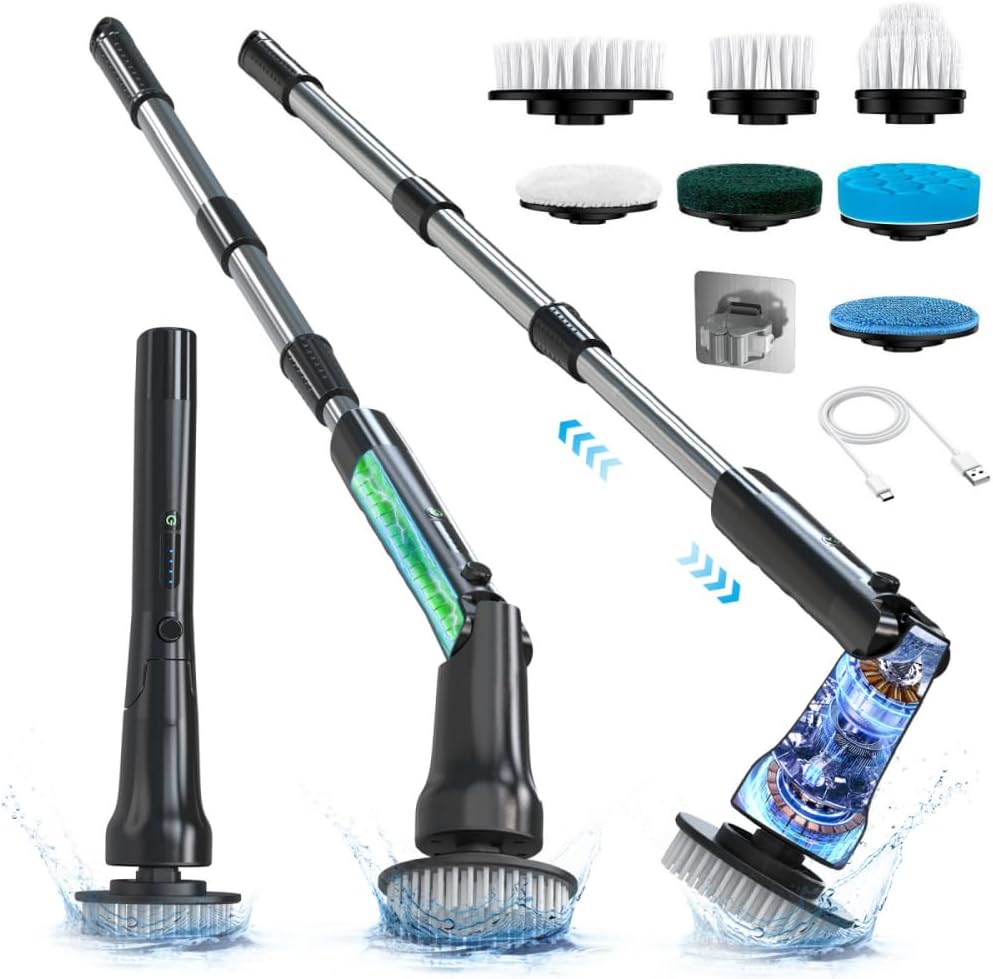 Electric Spin Scrubber, Hillyfe Bathroom Scrubber Electric with 7 Replaceable Brush Heads, IPX7 Waterproof,300/400 RPM, 3 Adjustable Length,Scrubber Brush Electric for Bathtub Floor,White