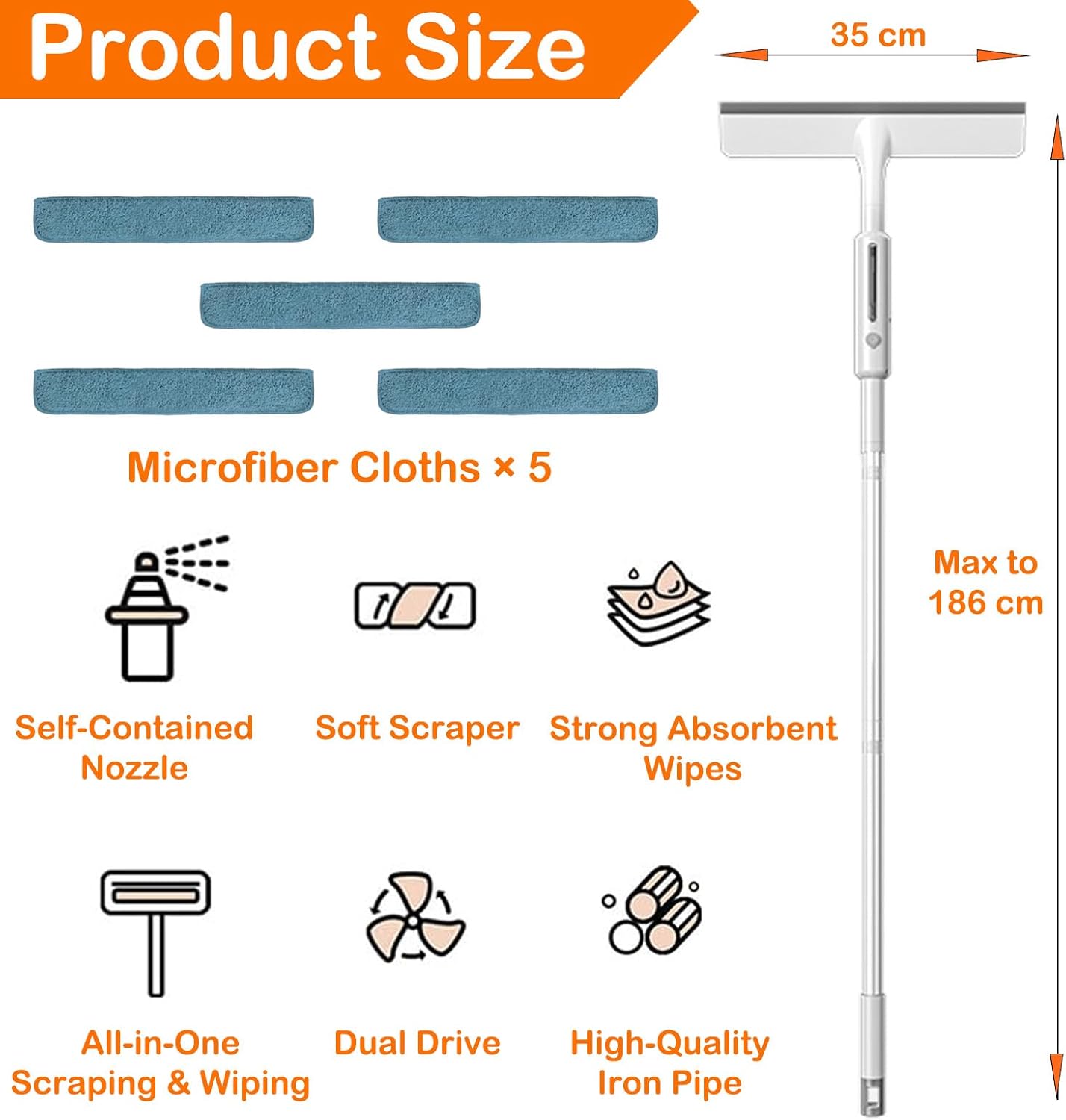 RV Window Cleaning Squeegee with Spray, Max 73.3" Handle, Motorhome & Camper Exterior Glass Cleaner, 3-in-1 Spray Mop for High Windows, Home & Car