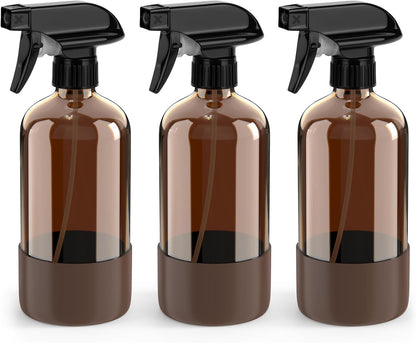Bontip Amber Glass Spray Bottle with Silicone Sleeve Protection, 16 oz Refillable Spray Bottles for Cleaning Solutions, Plants, Aromatherapy, Facial Hydration (1, Black, 16 oz)