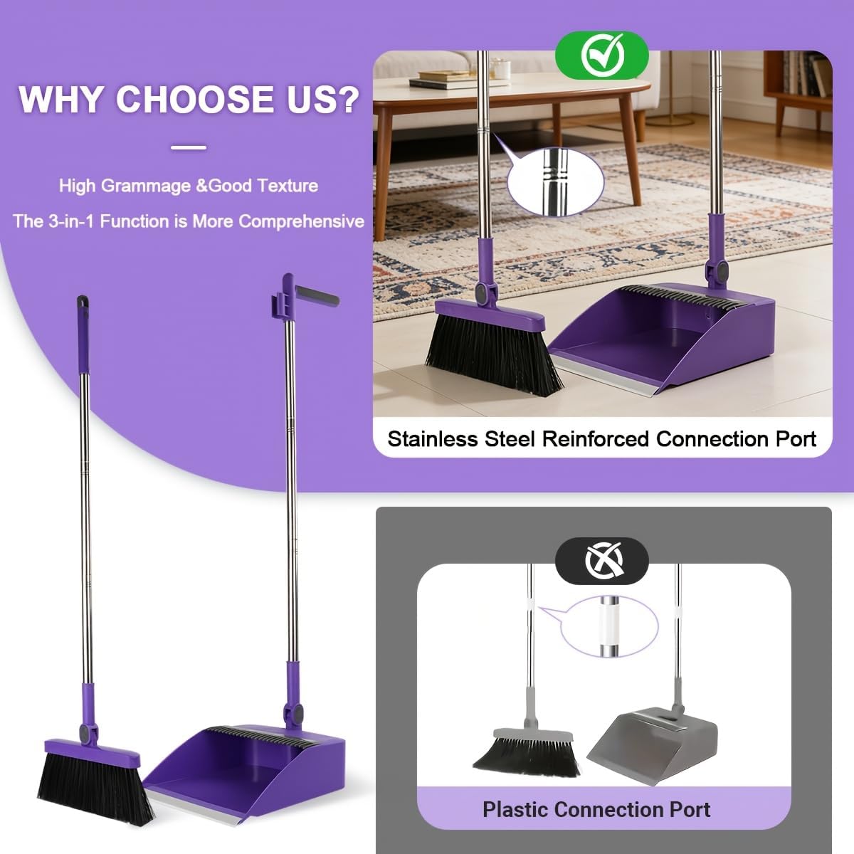 2-in-1 Broom with Dustpan Combo Set,Long Handle Broom Dustpan Combo with Dustpan Teeth to Automatically Clean Hair for Home, Indoor or Outdoor Cleaning Hall Floor (Gray)