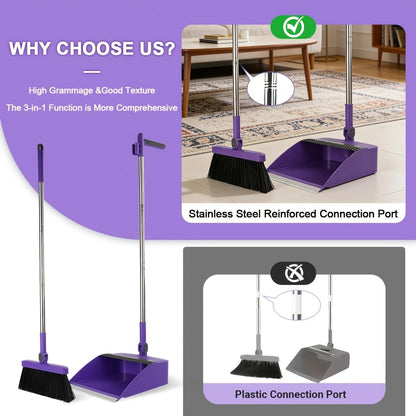 2-in-1 Broom with Dustpan Combo Set,Long Handle Broom Dustpan Combo with Dustpan Teeth to Automatically Clean Hair for Home, Indoor or Outdoor Cleaning Hall Floor (Gray)