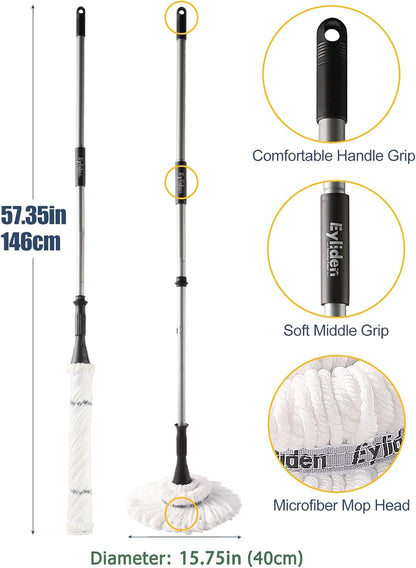 Eyliden Mop with 2 Reusable Microfiber Heads, Easy Wringing Twist Mop, 57.5 inch Long Handle, Wet Mops for Floor Cleaning, Commercial Household Clean Hardwood, Vinyl, Tile, and More (White)