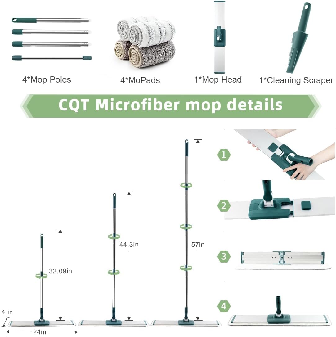 CQT Commercial Flat Microfiber Floor Mop Cleaning System 24" Inch Wet Dry and Dust Hardwood with 4 Washable Pads Cleaner for Laminate Tile Stainless Steel Handle and Extension (PT14 Brown)