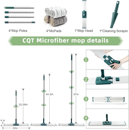 CQT Commercial Flat Microfiber Floor Mop Cleaning System 24" Inch Wet Dry and Dust Hardwood with 4 Washable Pads Cleaner for Laminate Tile Stainless Steel Handle and Extension (PT14 Brown)