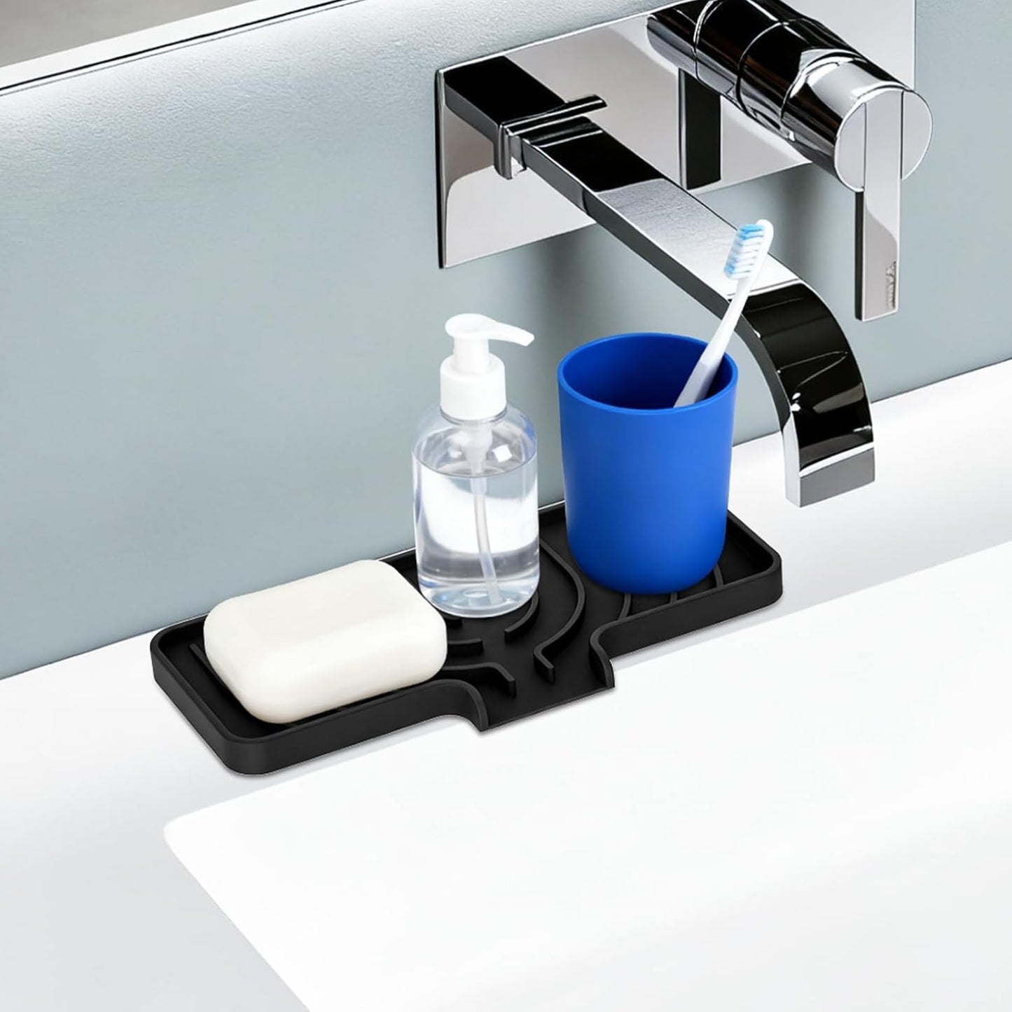 JACZZO Silicone Sponge Holder for Kitchen Sink With Drain Spout, Self Draining, Kitchen Soap Tray, Bathroom Organizer, Sink Caddy (Grey, 10×4)
