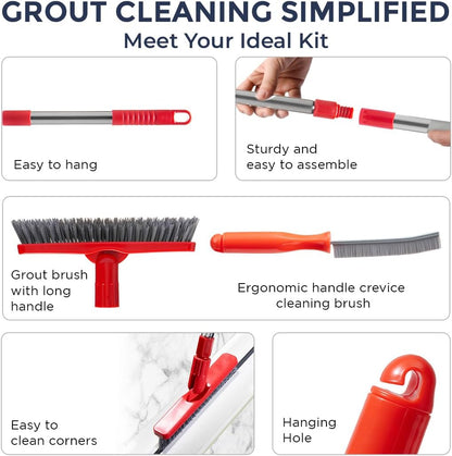 Shower Scrubber with Long Handle, Stiff Bristles Grout-Brush, Tub Scrub-Brush with Long-Handle, Shower-Cleaner Brush, Grout Cleaning Brush for Tile floors, Scouring Pad & Microfiber Cloth for Bathroom