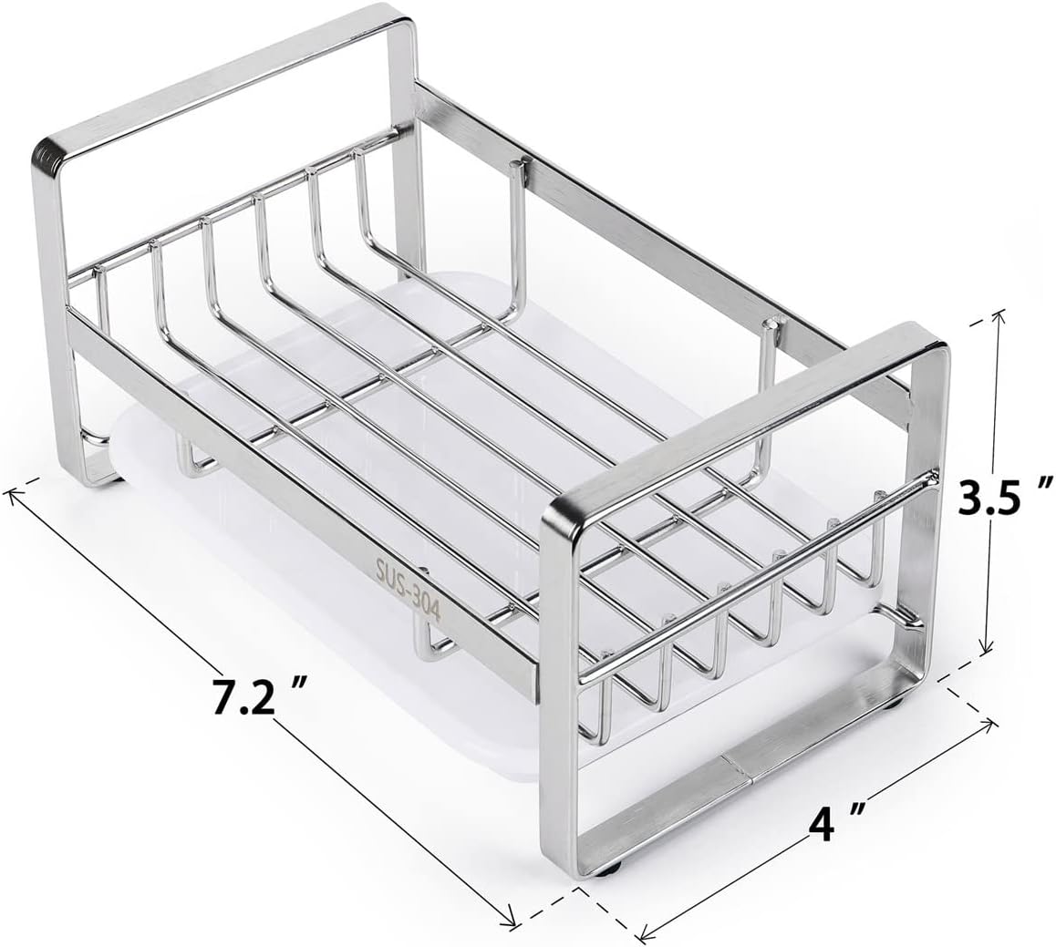 HULISEN Large Sponge Holder, 304 Stainless Steel Kitchen Soap Dispenser Caddy Organizer, Countertop Soap Dish Rack Drainer with Removable Drain Tray, not Including Dispenser and Brush, Silver