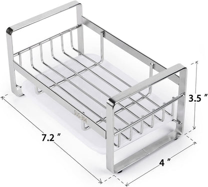 HULISEN Large Sponge Holder, 304 Stainless Steel Kitchen Soap Dispenser Caddy Organizer, Countertop Soap Dish Rack Drainer with Removable Drain Tray, not Including Dispenser and Brush, Silver