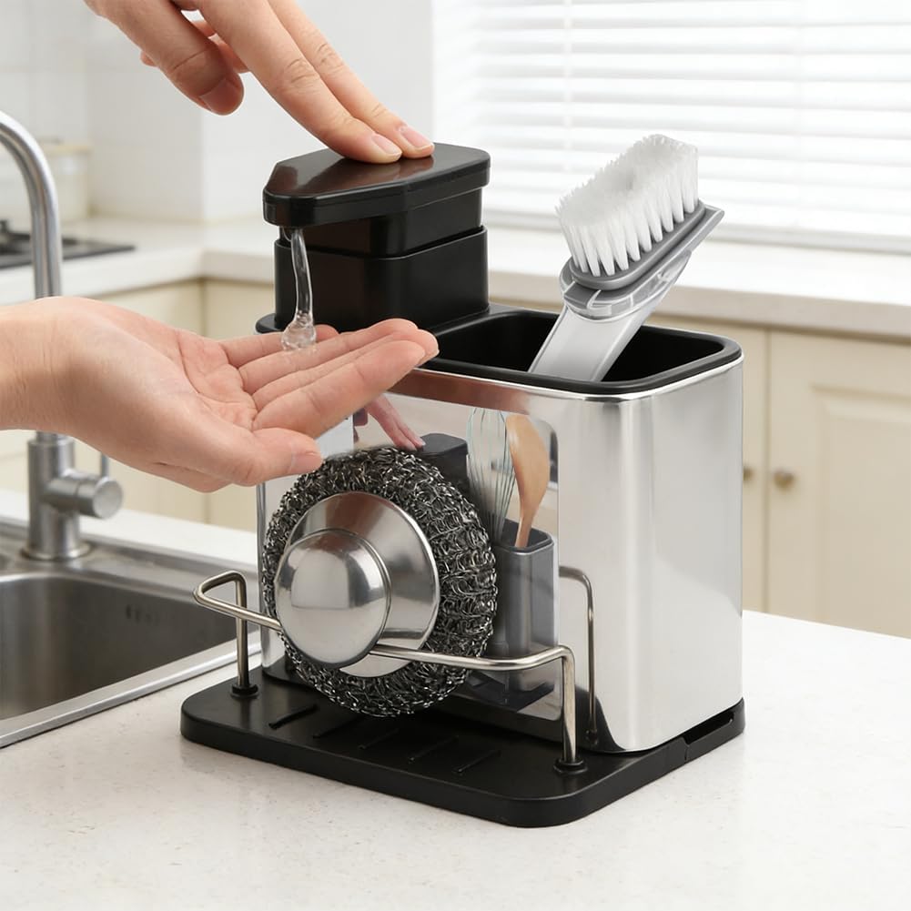 Soap Dispenser for Kitchen & Bathroom Sink, 3 in 1 Dish Soap Dispenser with Sponge Holder Dish Brush & Brush Holder, Stainless Steel Sink Caddy Organizer Kitchen Soap Dispenser Set Countertop