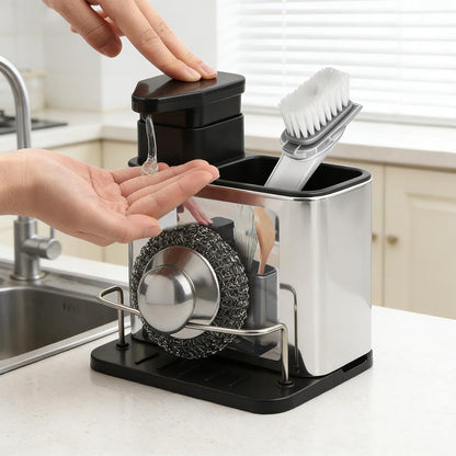 Soap Dispenser for Kitchen & Bathroom Sink, 3 in 1 Dish Soap Dispenser with Sponge Holder Dish Brush & Brush Holder, Stainless Steel Sink Caddy Organizer Kitchen Soap Dispenser Set Countertop