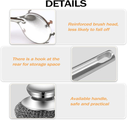 Heavy Duty Stainless Steel Scrubber Set - Long & Short Handle with 5 Steel Wool Pads, Cast Iron & Pot Scrubber for Dishes, Pans, Grills, Stoves