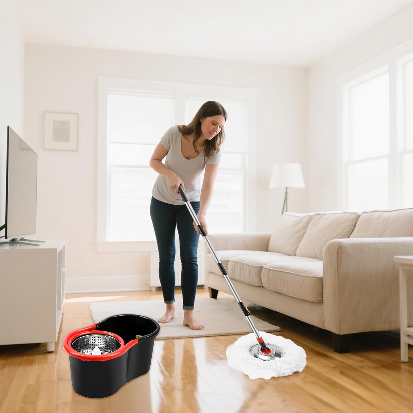 Spin Mop and Bucket Set, 360° Spinning Mop and Bucket System, for Mop Floor Cleaning, with 3 Microfiber Mop Replacement Heads and 61" Stainless Steel Adjustable Handle
