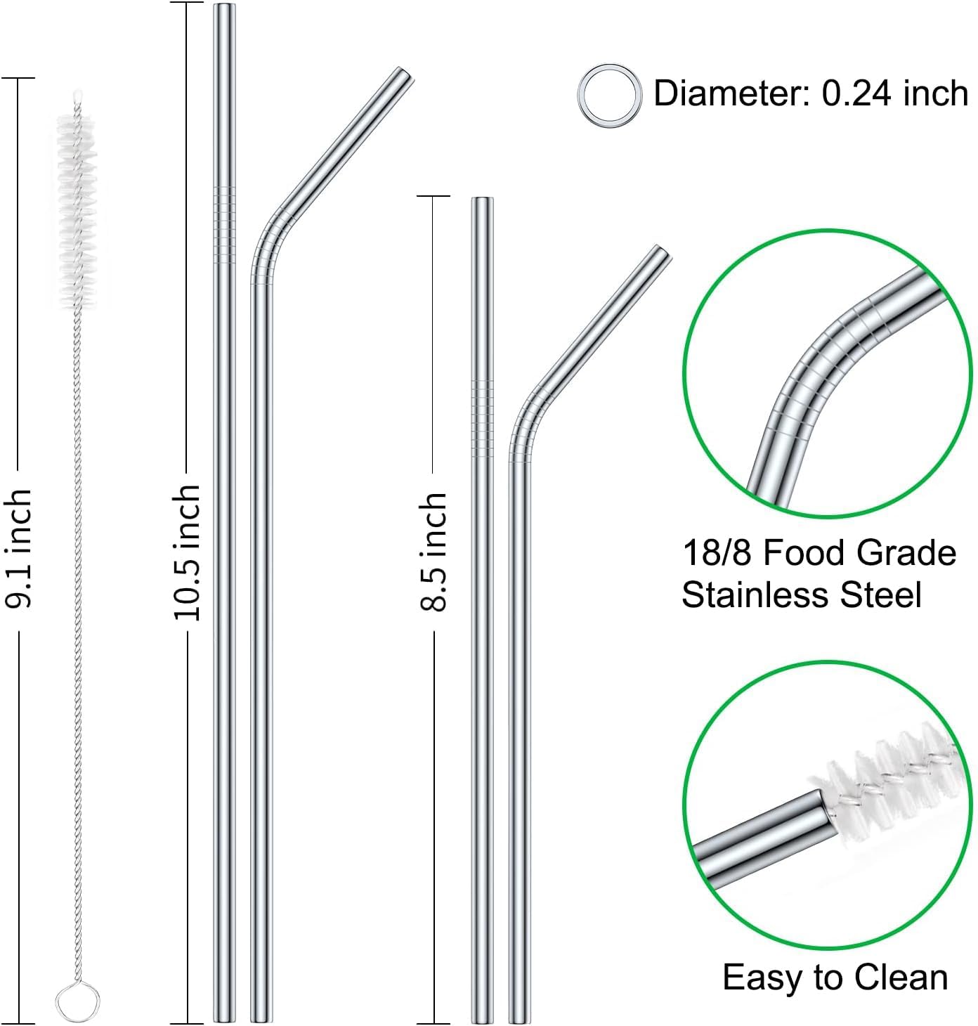 Vinaco Stainless Steel Smoothie Straws, 0.4'' Extra Wide Reusable Metal Drinking Straws for Milkshake, Smoothie, Beverage, Set of 4 with 1 Cleaning Brush