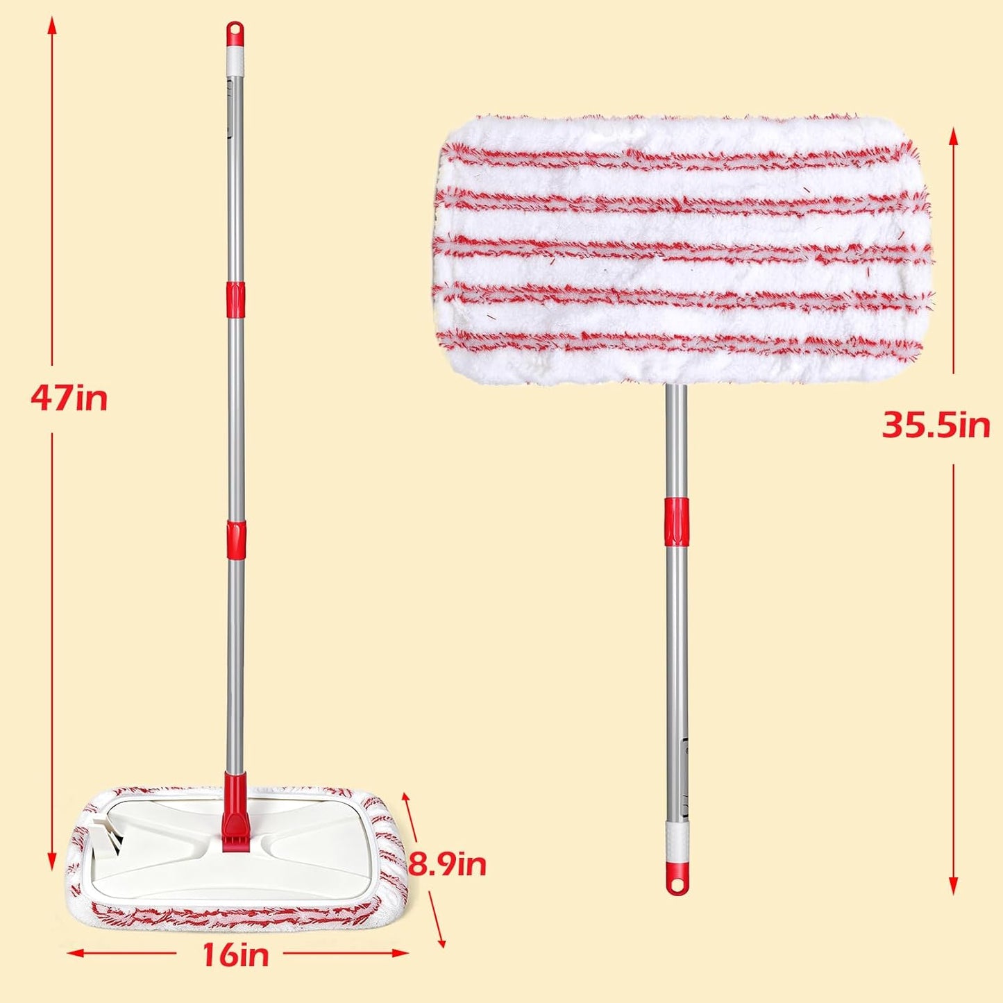 OZD Flat Mops for Floor Cleaning , with 5 Reusable 16x9in Dual-Fiber Mop Heads, Remove Stubborn Stains, Wet and Dry Use, Suitable for Hardwood, Tile, Laminate Flooring etc, Red